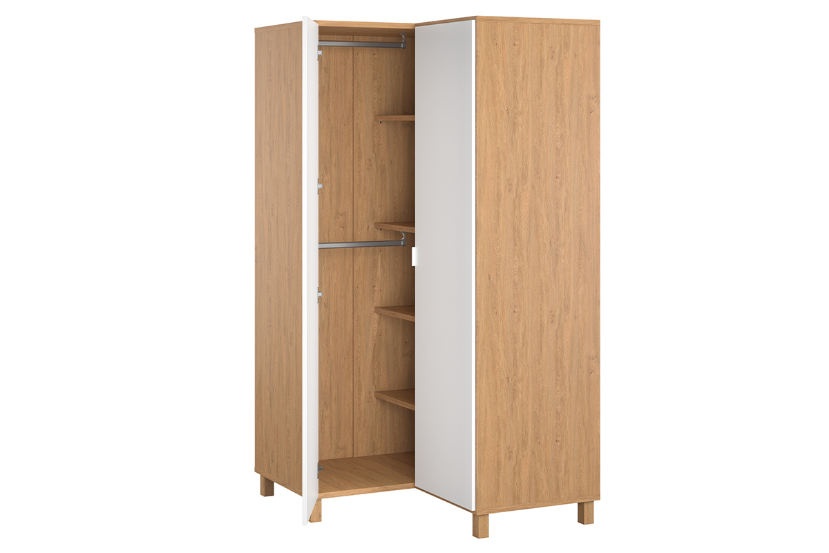 Eckschrank mit Garderobe und Regalen Wei und Holz ORKIS