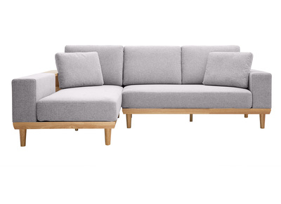 Ecksofa 5-Sitzer mit Stauraum hellgrauer Stoff mit strukturiertem Samteffekt und helles Holz KOMAO.