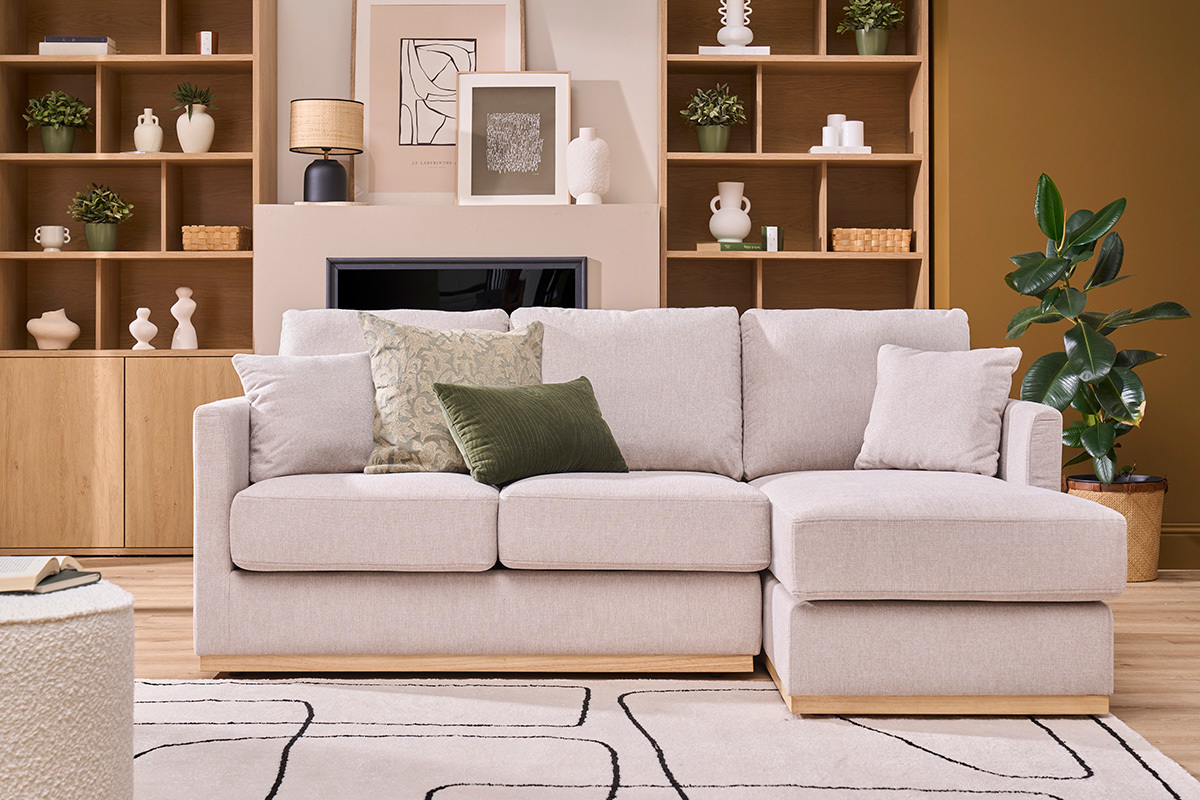 Ecksofa aus beigem Textur-Veloursstoff rechts 3-Sitzer MOSS