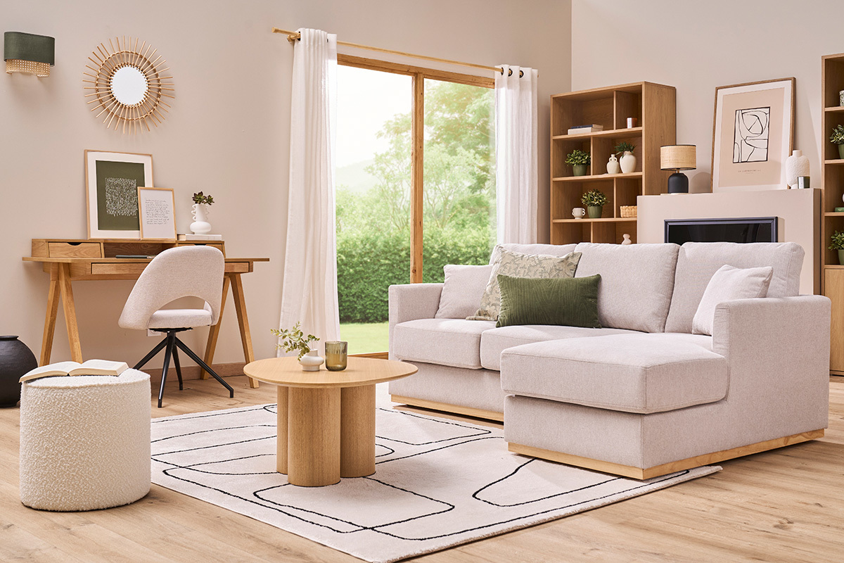 Ecksofa aus beigem Textur-Veloursstoff rechts 3-Sitzer MOSS