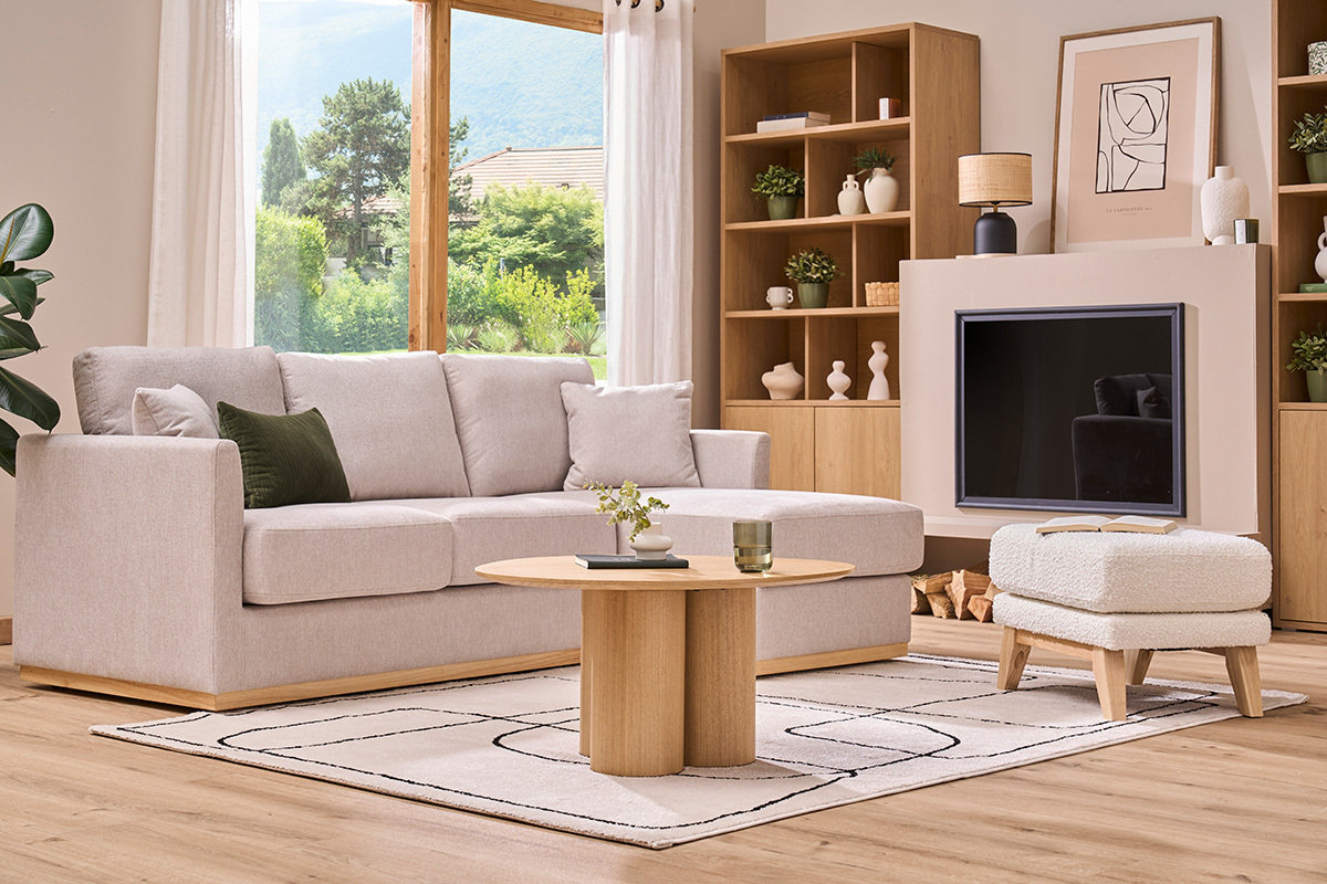 Ecksofa aus beigem Textur-Veloursstoff rechts 3-Sitzer MOSS