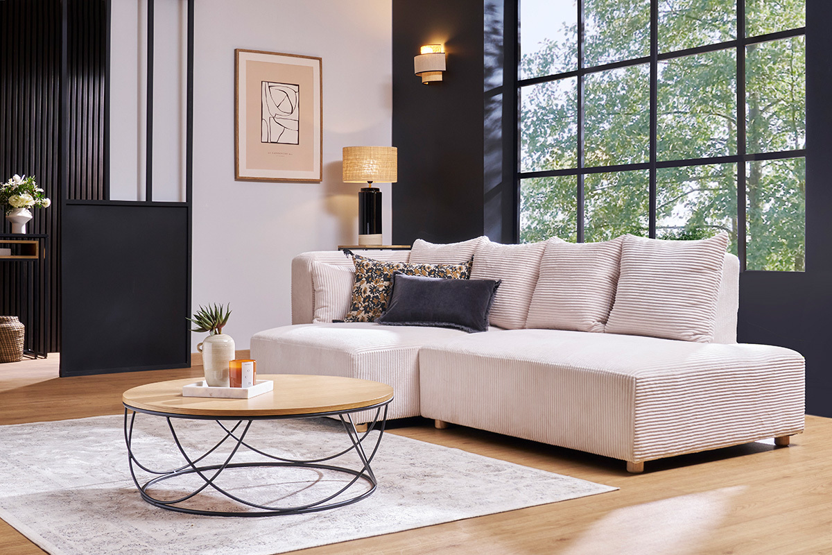 Ecksofa links 3-Sitzer aus beigem Cord-Flachgewebe und hellem Holz HARLEM