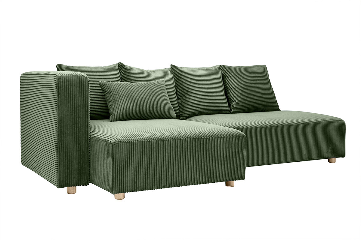 Ecksofa links 3-Sitzer in grnem Kord-Samt und hellem Holz HARLEM
