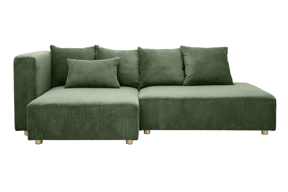 Ecksofa links 3-Sitzer in grnem Kord-Samt und hellem Holz HARLEM