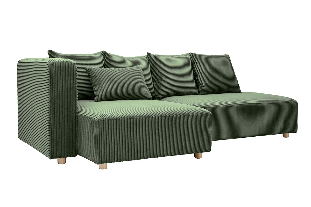 Ecksofa links 3-Sitzer in grnem Kord-Samt und hellem Holz HARLEM