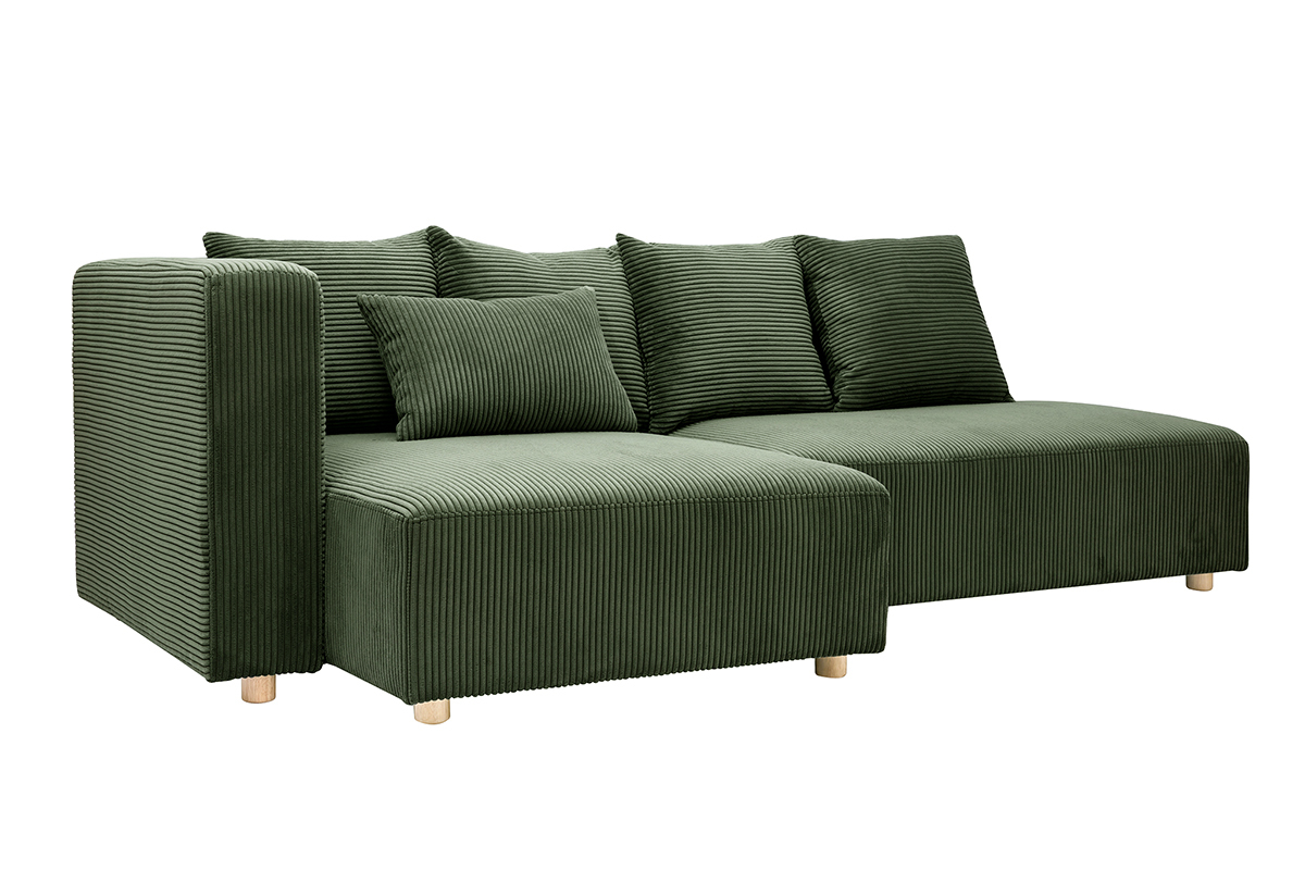Ecksofa links 3-Sitzer in grnem Kord-Samt und hellem Holz HARLEM