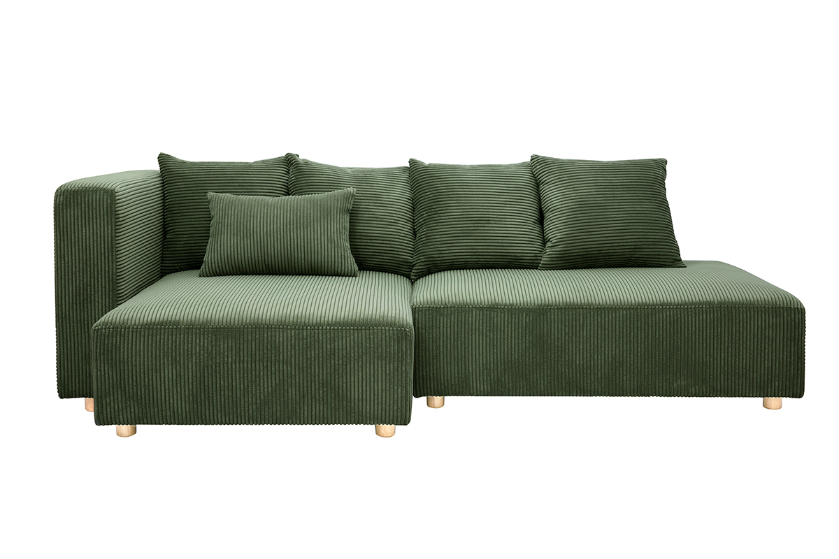 Ecksofa links 3-Sitzer in grnem Kord-Samt und hellem Holz HARLEM