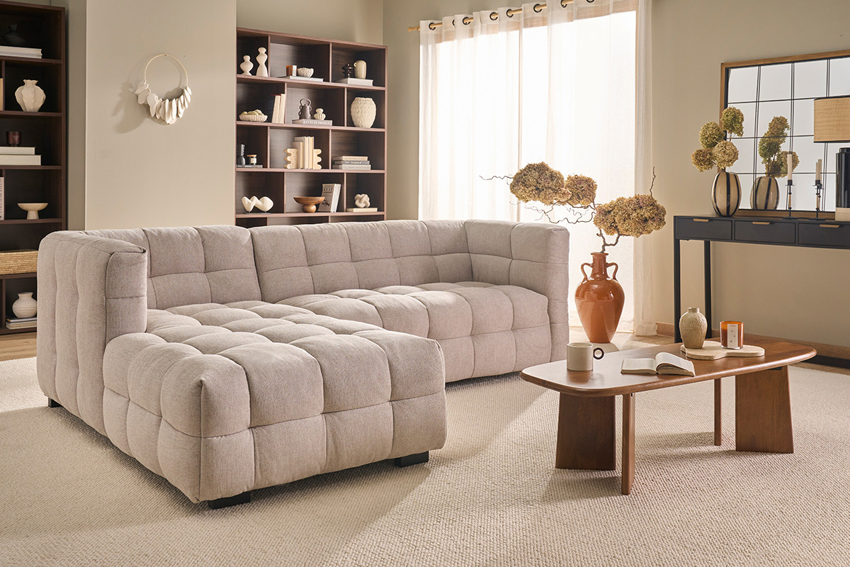 Ecksofa links Design 3-Sitzer in strukturiertem Samt-Effekt Stoff beige CORTO