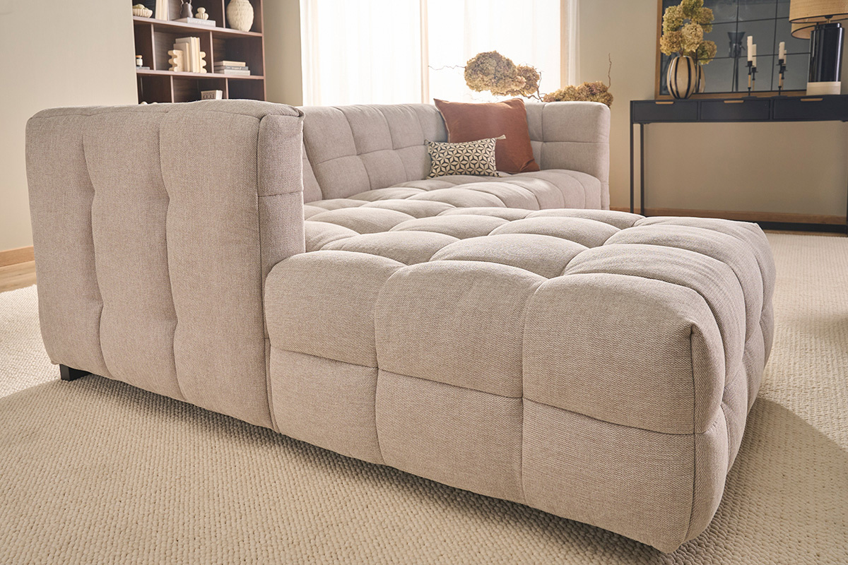 Ecksofa links Design 3-Sitzer in strukturiertem Samt-Effekt Stoff beige CORTO