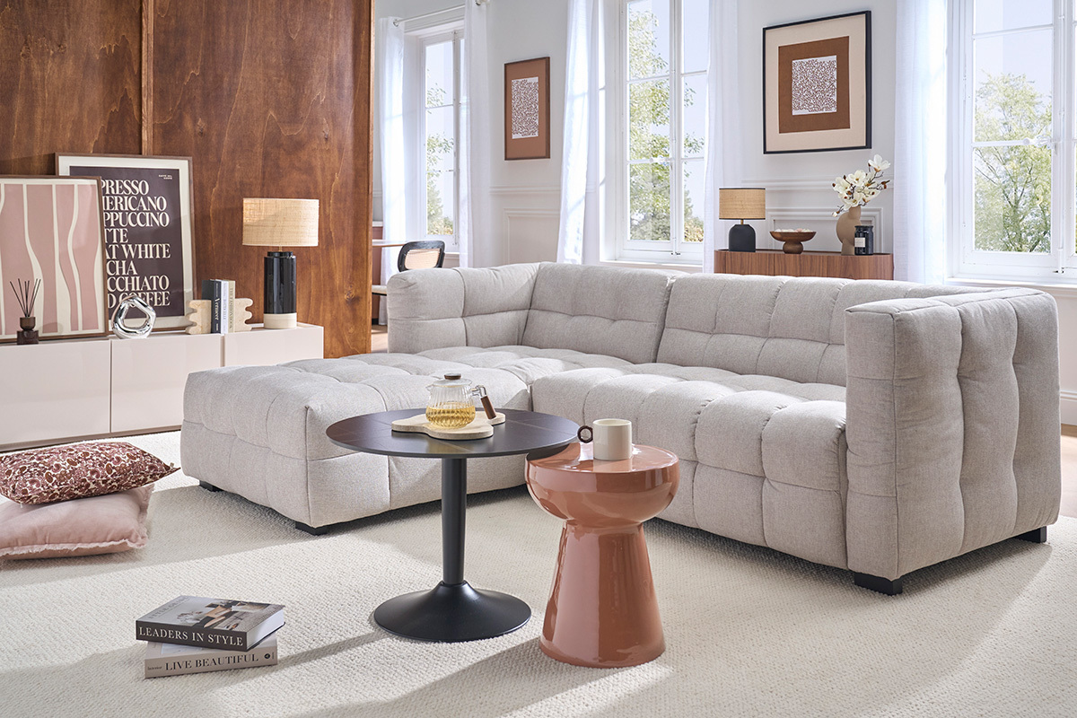 Ecksofa links Design 3-Sitzer in strukturiertem Samt-Effekt Stoff beige CORTO