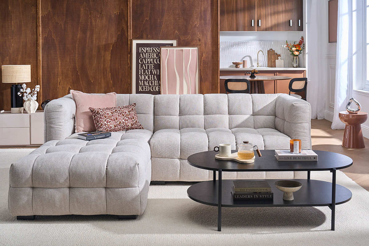 Ecksofa links Design 3-Sitzer in strukturiertem Samt-Effekt Stoff beige CORTO