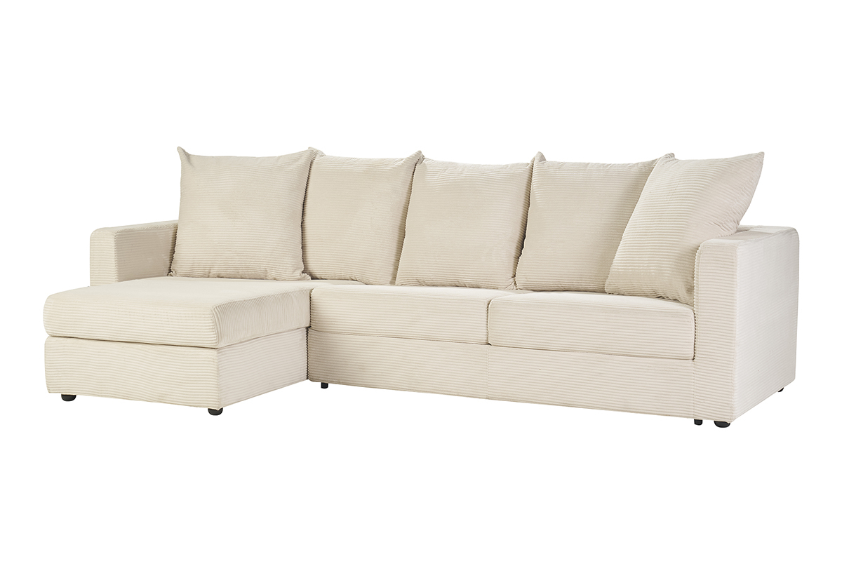 Ecksofa links wandelbar 4 Pltze in beige Cord, Dreiviertelansicht.