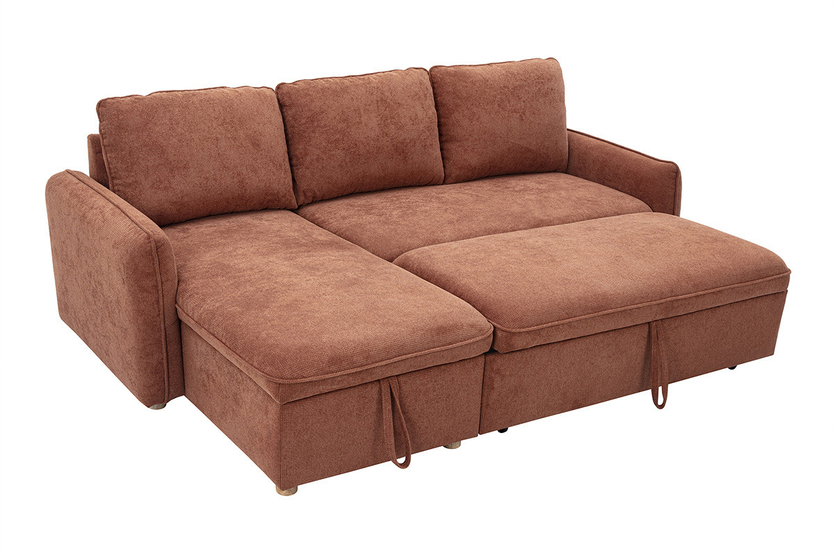 Ecksofa mit Schlaffunktion, umkehrbar, mit Stauraum, 3 Sitzer in Textur-Velours-Effekt gebrannte Erde und hellem Holz ORSO