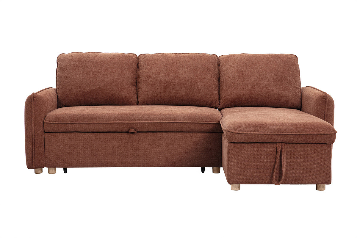 Ecksofa mit Schlaffunktion, umkehrbar, mit Stauraum, 3 Sitzer in Textur-Velours-Effekt gebrannte Erde und hellem Holz ORSO