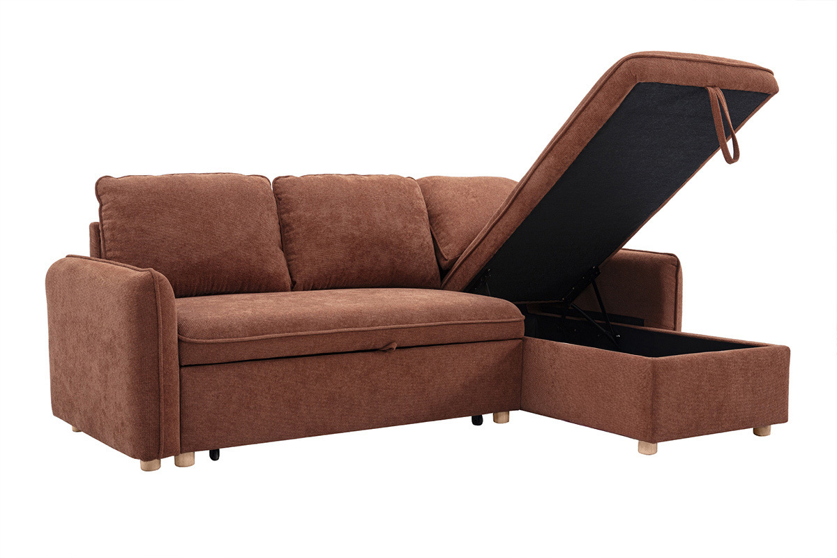 Ecksofa mit Schlaffunktion, umkehrbar, mit Stauraum, 3 Sitzer in Textur-Velours-Effekt gebrannte Erde und hellem Holz ORSO