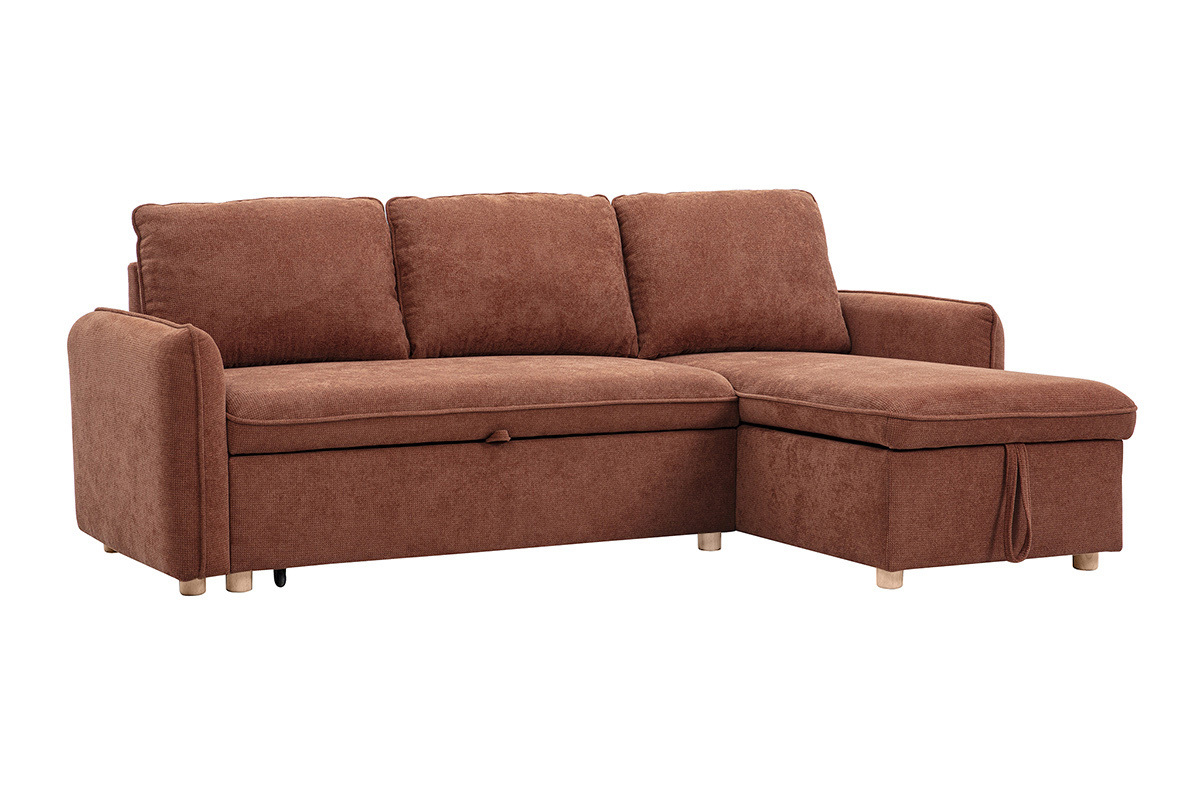 Ecksofa mit Schlaffunktion, umkehrbar, mit Stauraum, 3 Sitzer in Textur-Velours-Effekt gebrannte Erde und hellem Holz ORSO