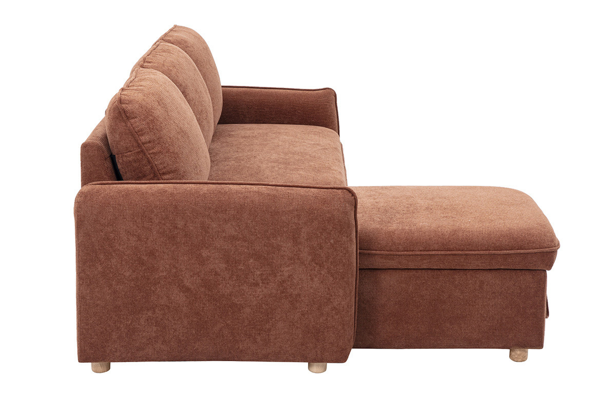 Ecksofa mit Schlaffunktion, umkehrbar, mit Stauraum, 3 Sitzer in Textur-Velours-Effekt gebrannte Erde und hellem Holz ORSO