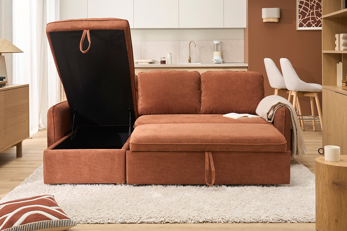 Ecksofa mit Schlaffunktion, umkehrbar, mit Stauraum, 3 Sitzer in Textur-Velours-Effekt gebrannte Erde und hellem Holz ORSO