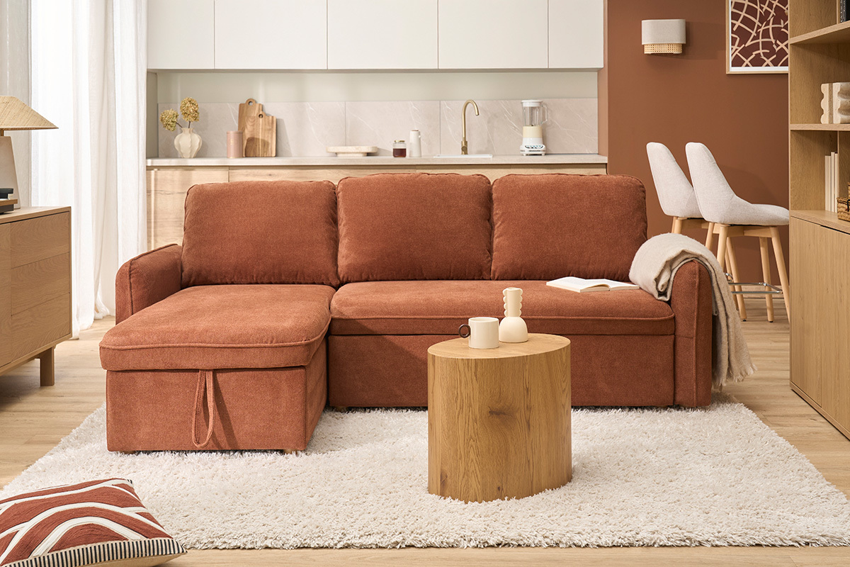 Ecksofa mit Schlaffunktion, umkehrbar, mit Stauraum, 3 Sitzer in Textur-Velours-Effekt gebrannte Erde und hellem Holz ORSO