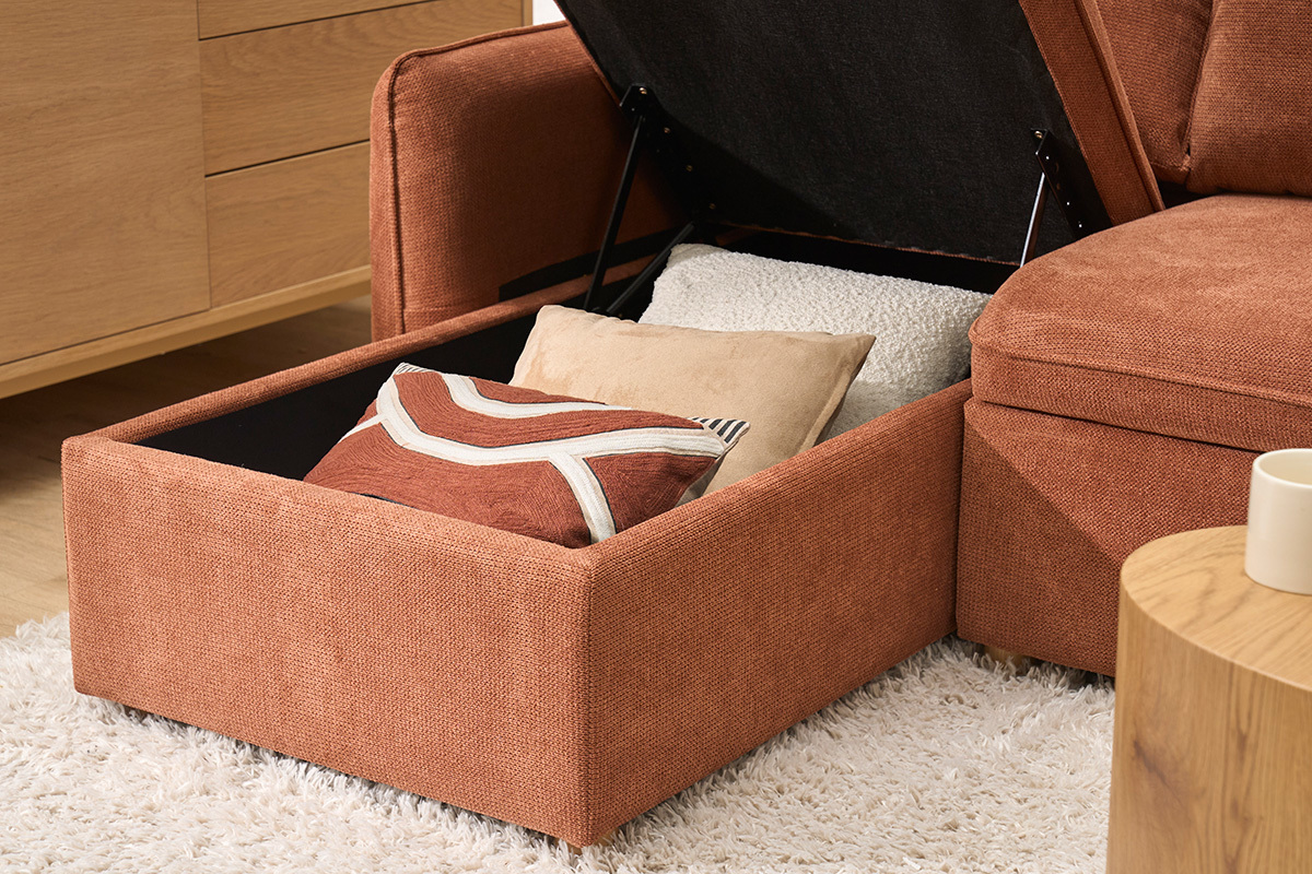 Ecksofa mit Schlaffunktion, umkehrbar, mit Stauraum, 3 Sitzer in Textur-Velours-Effekt gebrannte Erde und hellem Holz ORSO