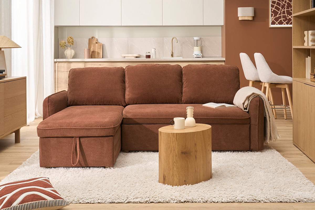 Ecksofa mit Schlaffunktion, umkehrbar, mit Stauraum, 3 Sitzer in Textur-Velours-Effekt gebrannte Erde und hellem Holz ORSO