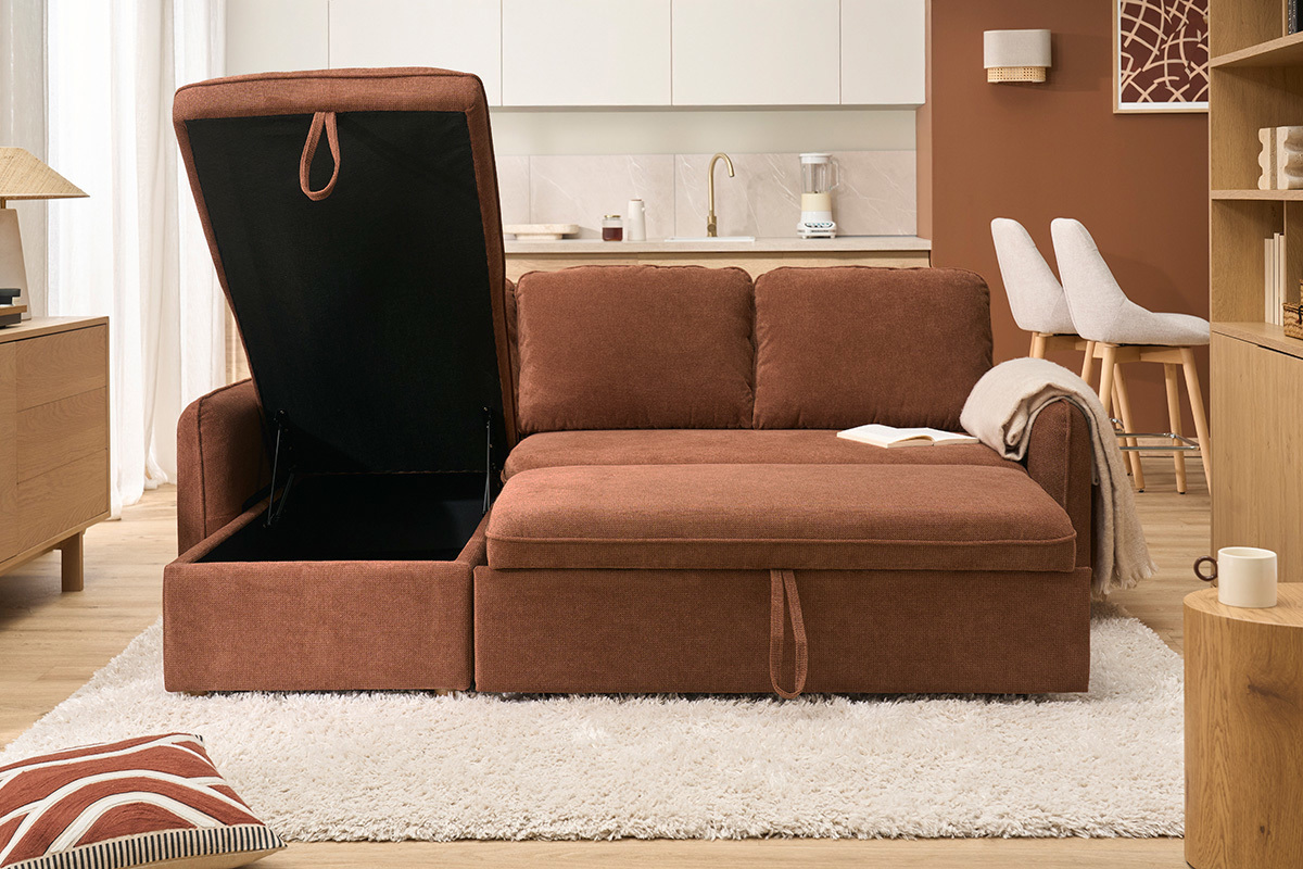 Ecksofa mit Schlaffunktion, umkehrbar, mit Stauraum, 3 Sitzer in Textur-Velours-Effekt gebrannte Erde und hellem Holz ORSO