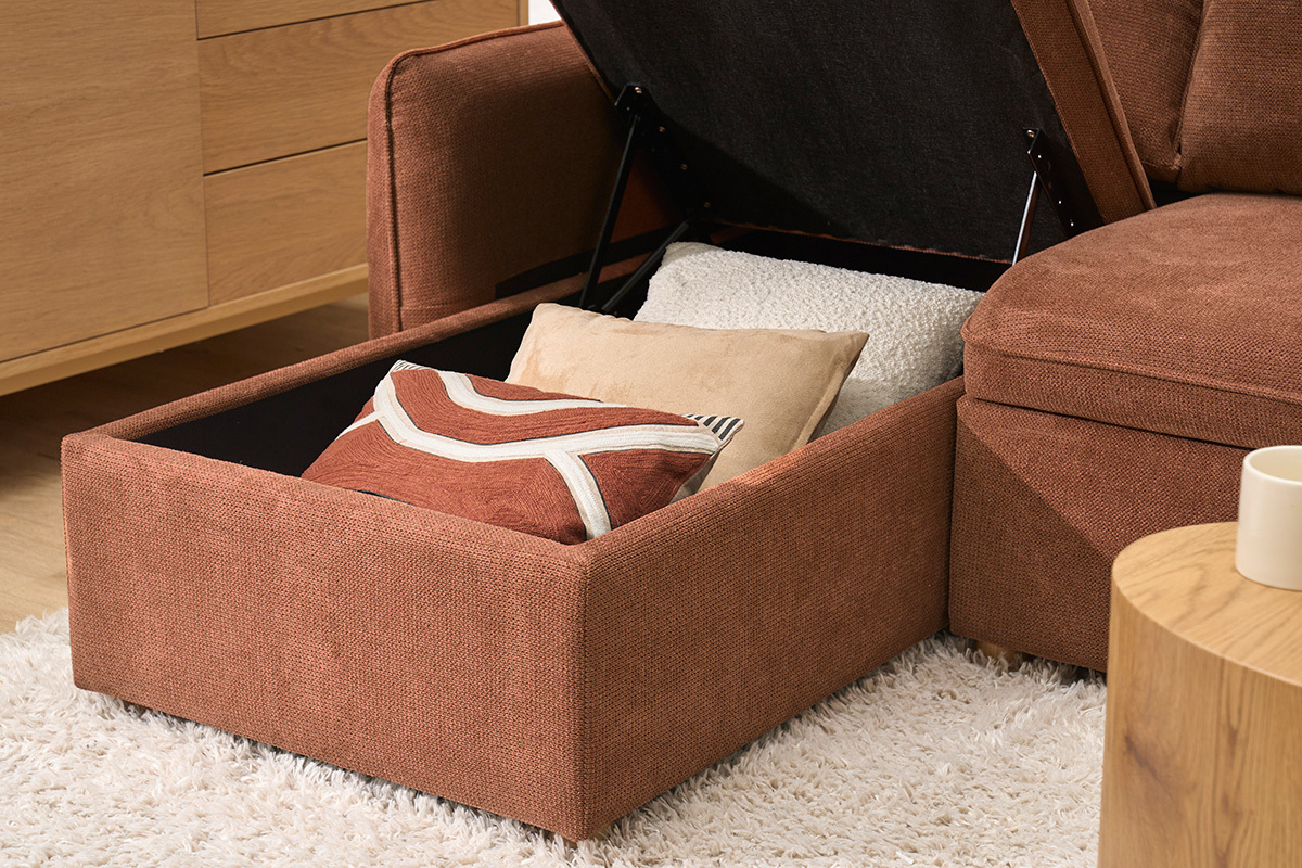 Ecksofa mit Schlaffunktion, umkehrbar, mit Stauraum, 3 Sitzer in Textur-Velours-Effekt gebrannte Erde und hellem Holz ORSO