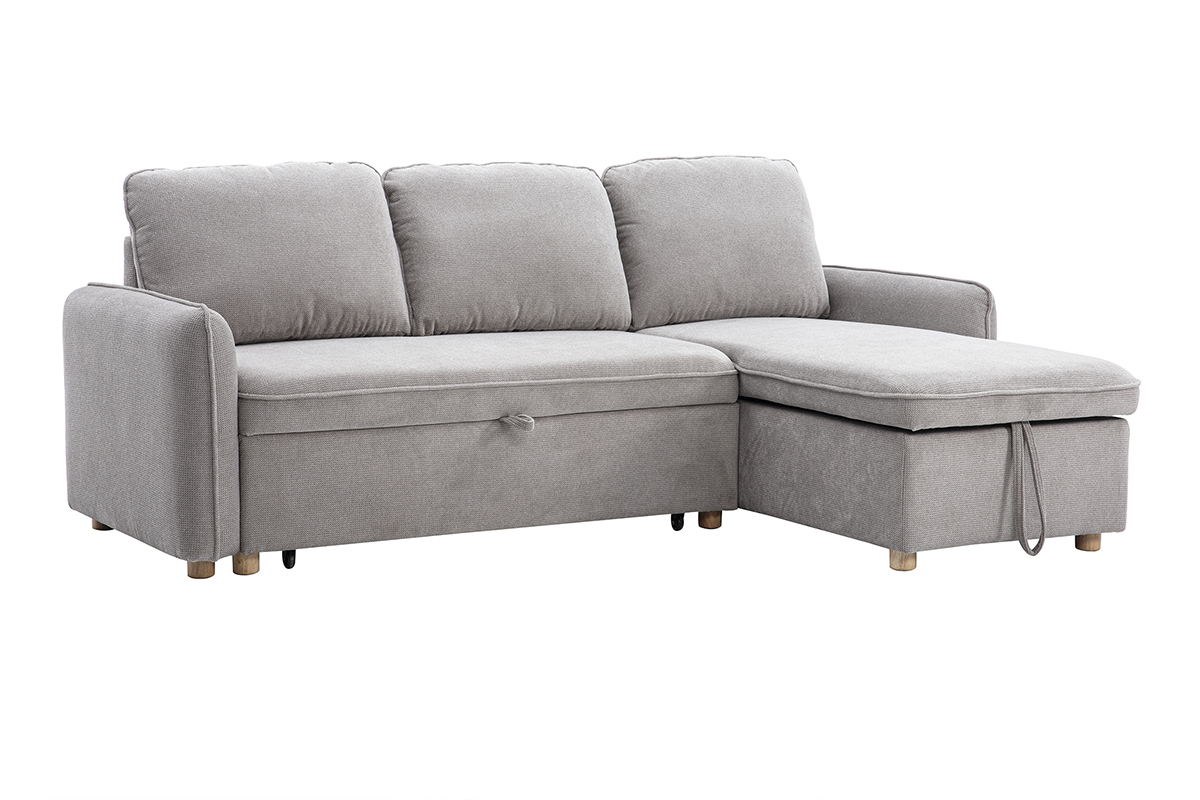 Ecksofa mit Schlaffunktion und umkehrbarer Abstellflche 3-Sitzer in grauem Samt-Effekt Stoff und hellem Holz ORSO