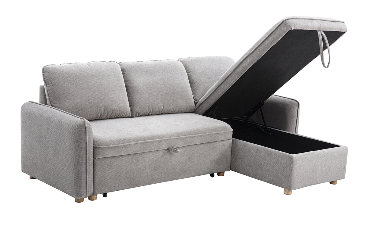 Ecksofa mit Schlaffunktion und umkehrbarer Abstellflche 3-Sitzer in grauem Samt-Effekt Stoff und hellem Holz ORSO
