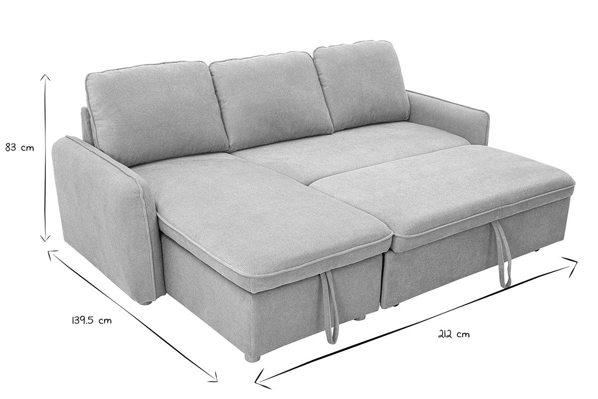 Ecksofa mit Schlaffunktion und umkehrbarer Abstellflche 3-Sitzer in grauem Samt-Effekt Stoff und hellem Holz ORSO