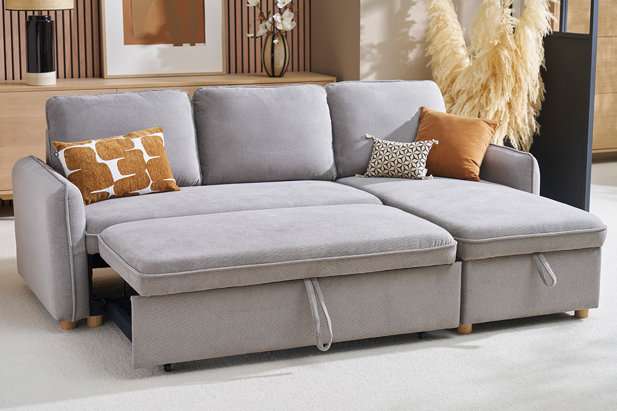 Ecksofa mit Schlaffunktion und umkehrbarer Abstellflche 3-Sitzer in grauem Samt-Effekt Stoff und hellem Holz ORSO