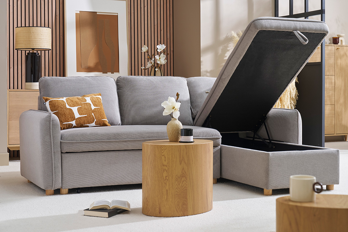 Ecksofa mit Schlaffunktion und umkehrbarer Abstellflche 3-Sitzer in grauem Samt-Effekt Stoff und hellem Holz ORSO