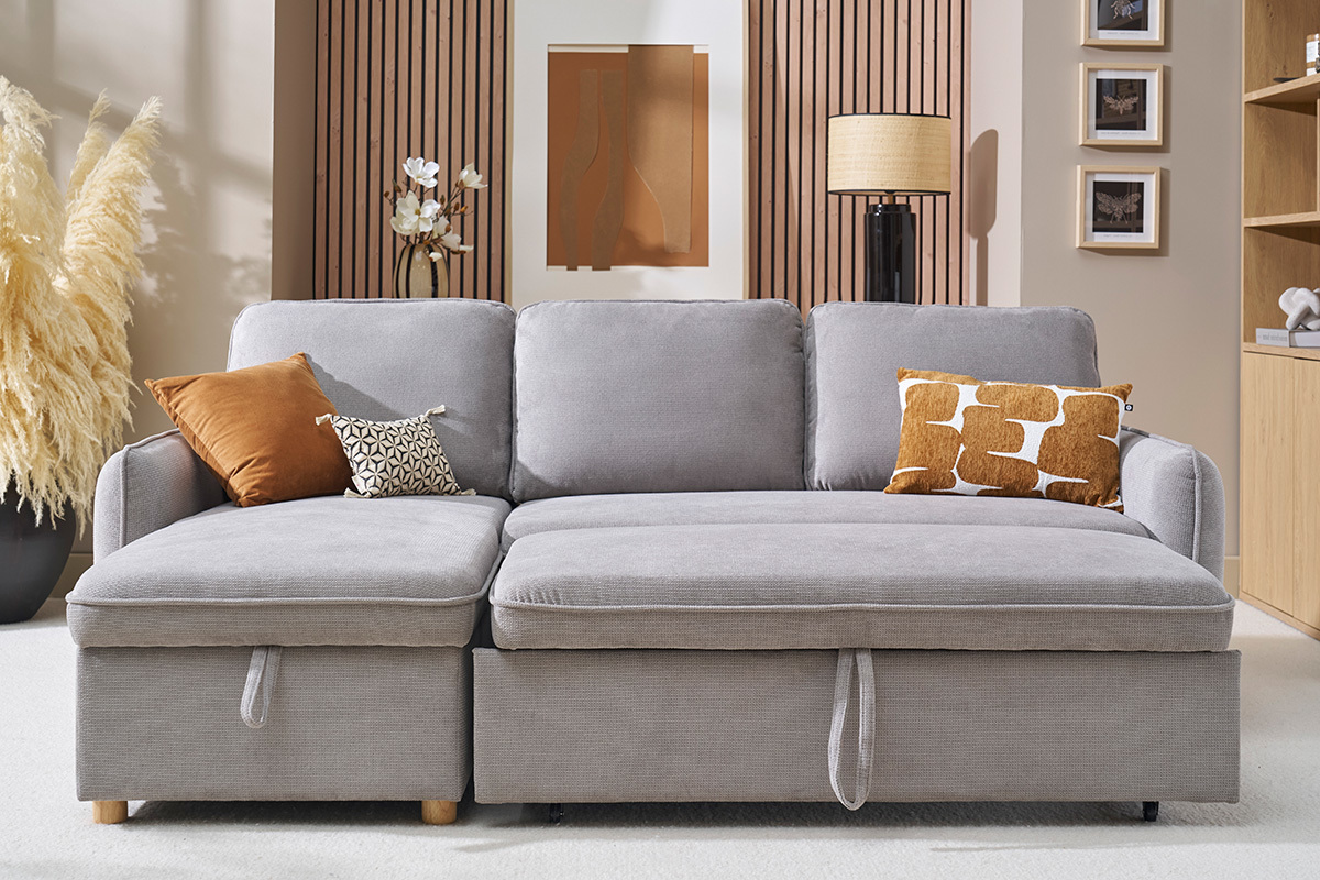 Ecksofa mit Schlaffunktion und umkehrbarer Abstellflche 3-Sitzer in grauem Samt-Effekt Stoff und hellem Holz ORSO