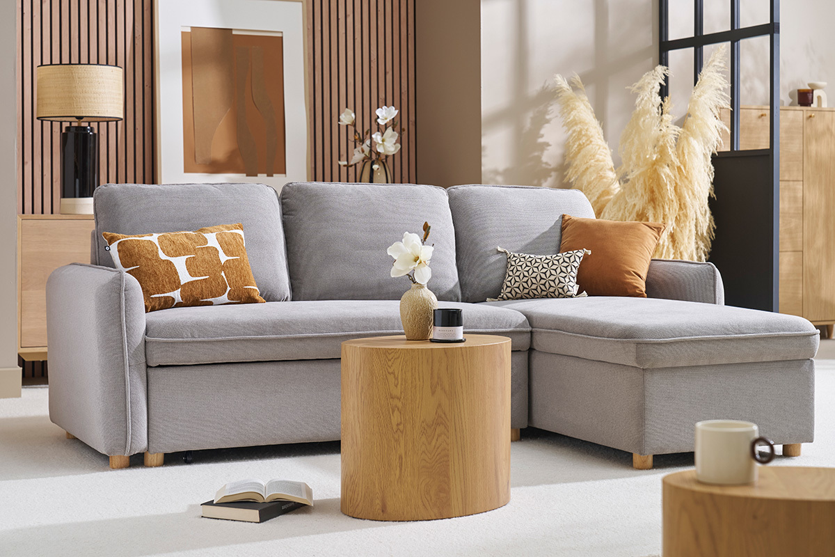 Ecksofa mit Schlaffunktion und umkehrbarer Abstellflche 3-Sitzer in grauem Samt-Effekt Stoff und hellem Holz ORSO