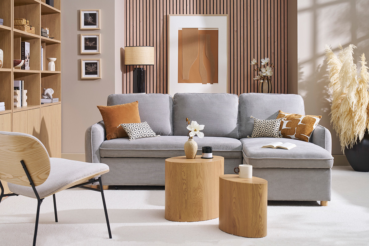 Ecksofa mit Schlaffunktion und umkehrbarer Abstellflche 3-Sitzer in grauem Samt-Effekt Stoff und hellem Holz ORSO