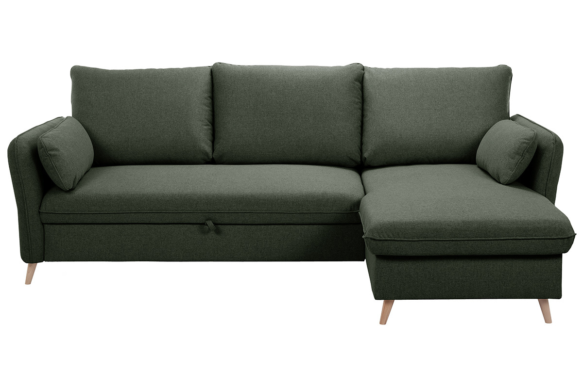 Ecksofa mit umkehrbarer Schlaffunktion und Stauraum 3-4 Sitzpltze in Khakigrnem Stoff und hellem Holz DRISS