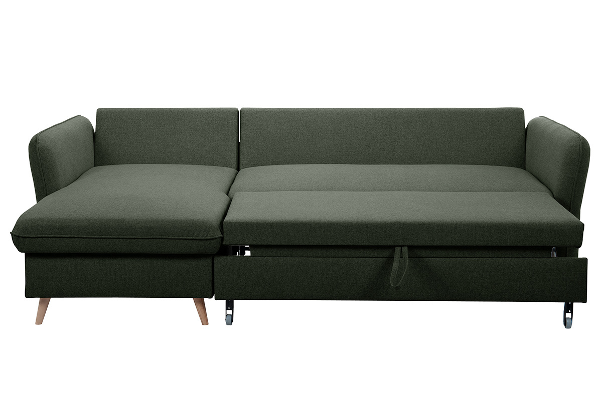 Ecksofa mit umkehrbarer Schlaffunktion und Stauraum 3-4 Sitzpltze in Khakigrnem Stoff und hellem Holz DRISS