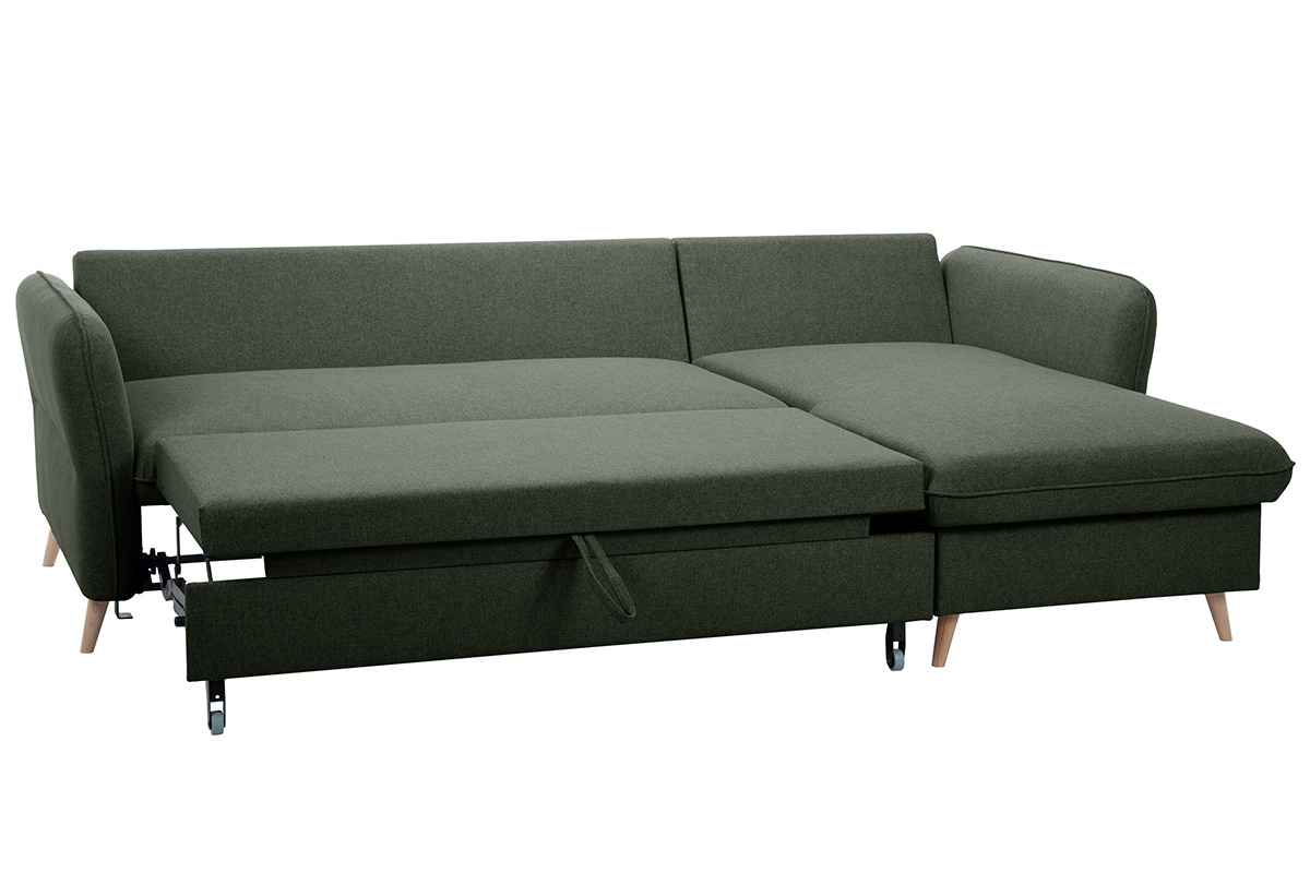 Ecksofa mit umkehrbarer Schlaffunktion und Stauraum 3-4 Sitzpltze in Khakigrnem Stoff und hellem Holz DRISS