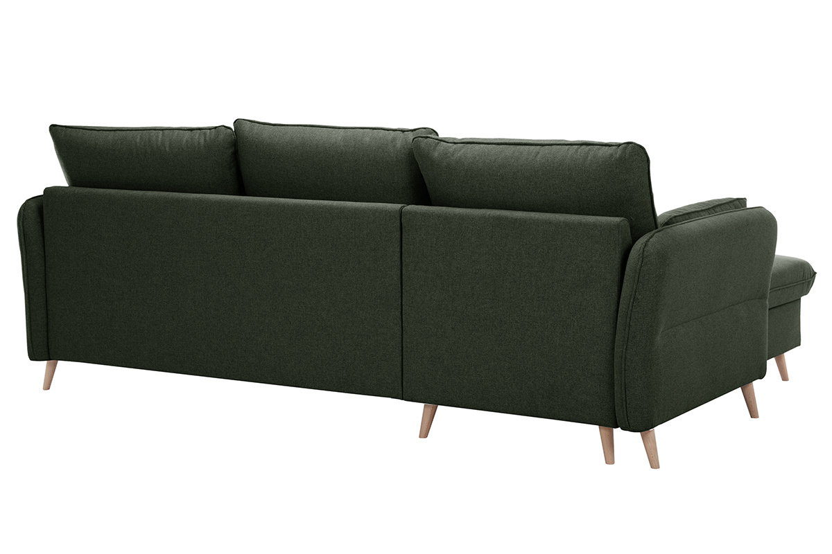 Ecksofa mit umkehrbarer Schlaffunktion und Stauraum 3-4 Sitzpltze in Khakigrnem Stoff und hellem Holz DRISS