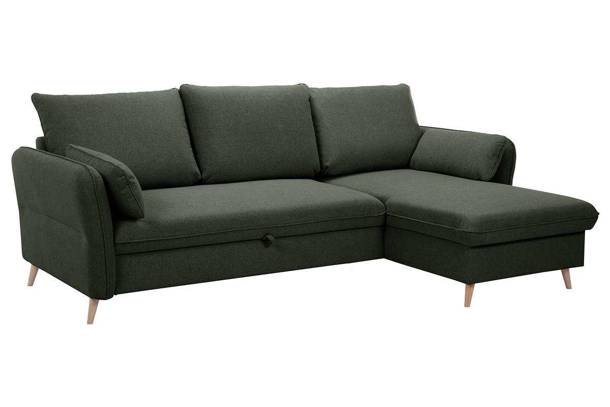Ecksofa mit umkehrbarer Schlaffunktion und Stauraum 3-4 Sitzpltze in Khakigrnem Stoff und hellem Holz DRISS