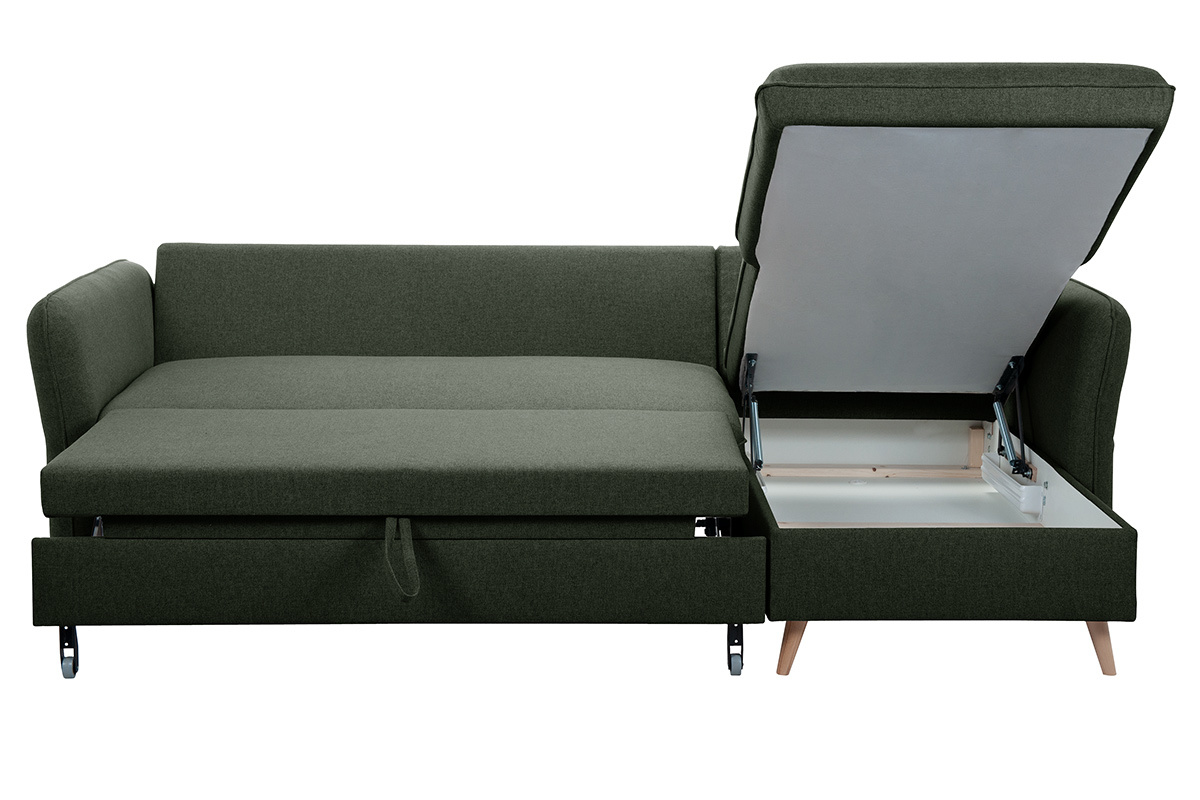 Ecksofa mit umkehrbarer Schlaffunktion und Stauraum 3-4 Sitzpltze in Khakigrnem Stoff und hellem Holz DRISS