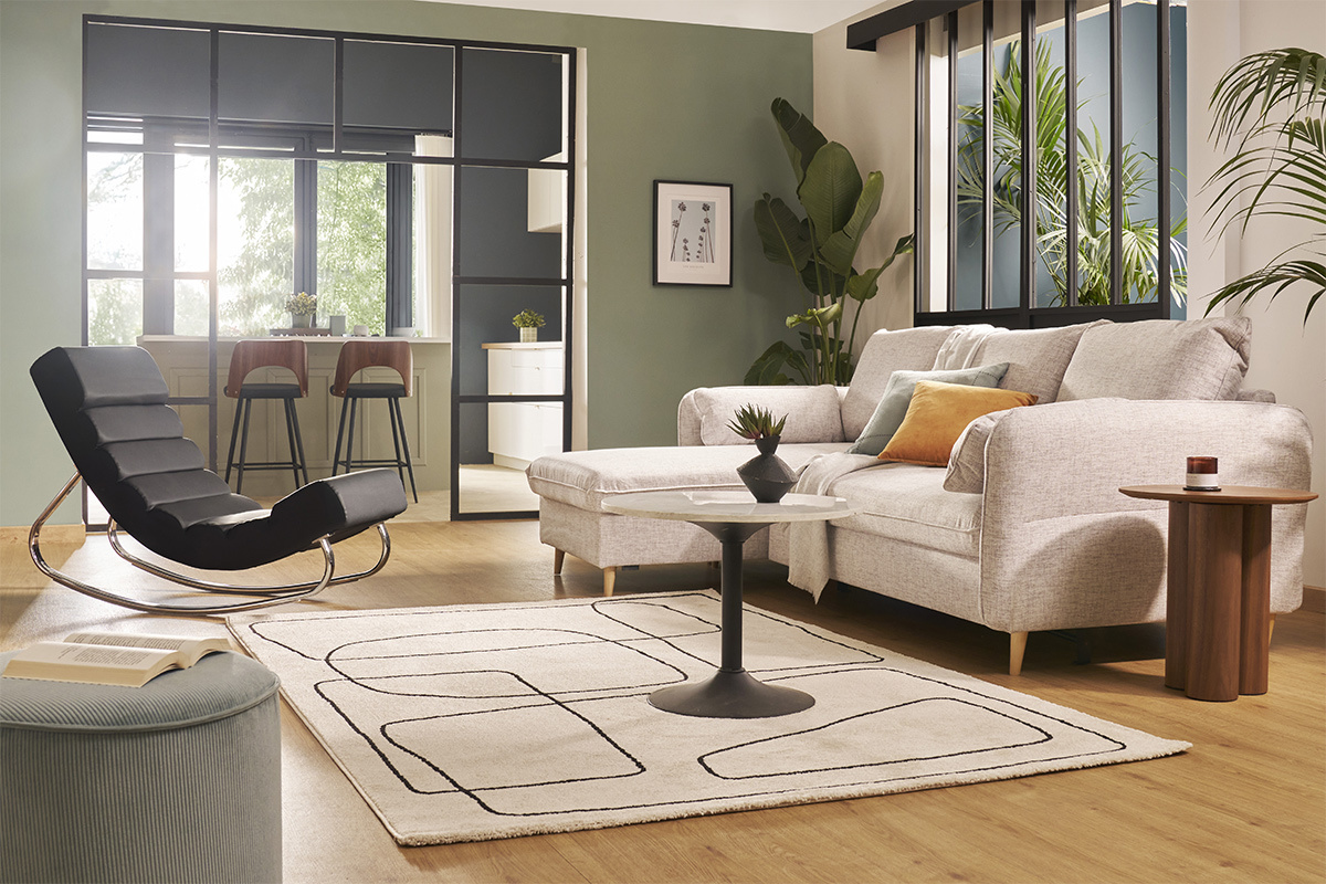 Ecksofa mit umkehrbarer Schlaffunktion und Stauraum 3-4 Sitzpltze in Khakigrnem Stoff und hellem Holz DRISS