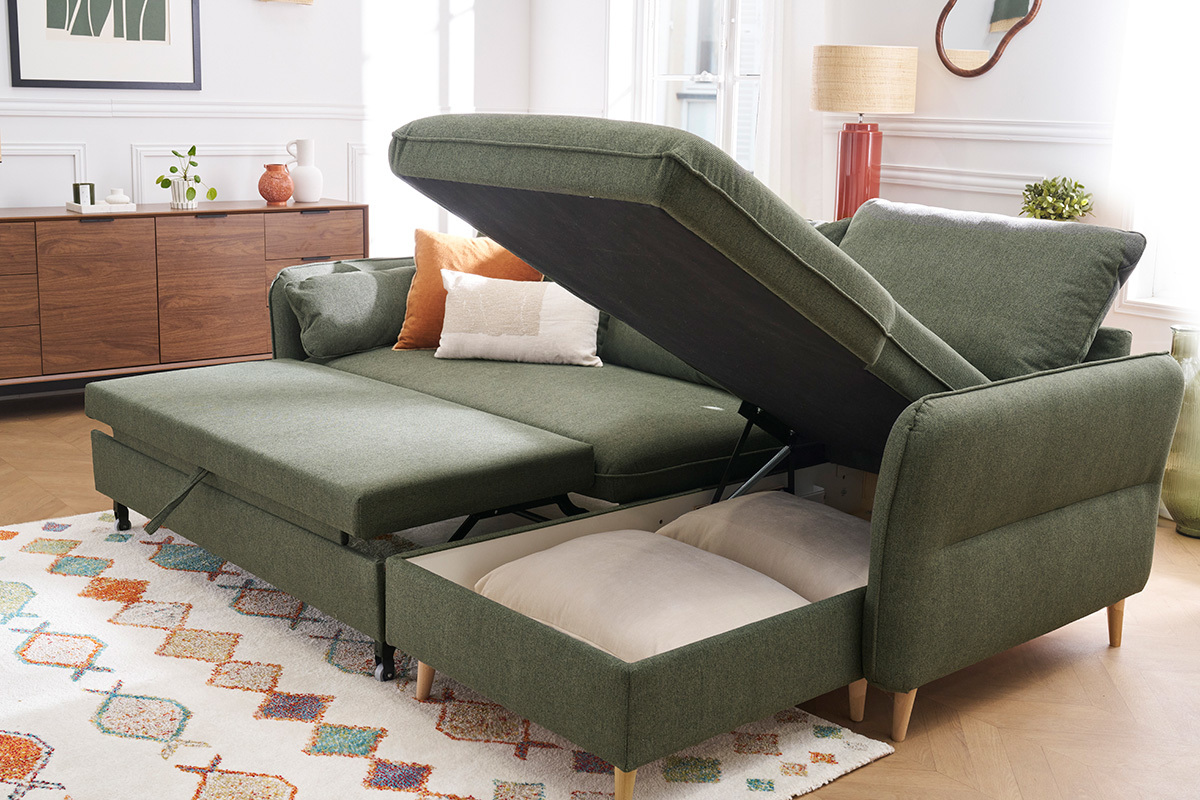 Ecksofa mit umkehrbarer Schlaffunktion und Stauraum 3-4 Sitzpltze in Khakigrnem Stoff und hellem Holz DRISS