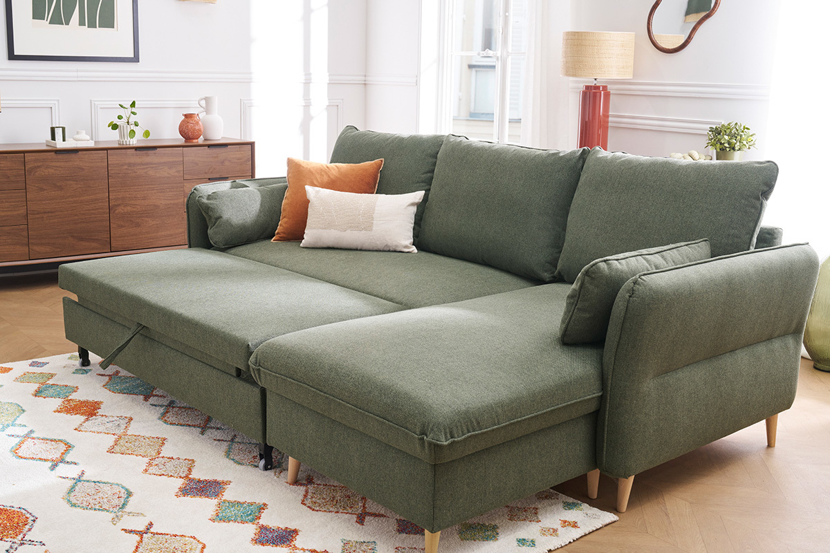 Ecksofa mit umkehrbarer Schlaffunktion und Stauraum 3-4 Sitzpltze in Khakigrnem Stoff und hellem Holz DRISS