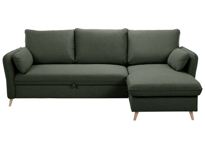 Ecksofa mit umkehrbarer Schlaffunktion und Stauraum 3-4 Sitzplätze in Khakigrünem Stoff und hellem Holz DRISS