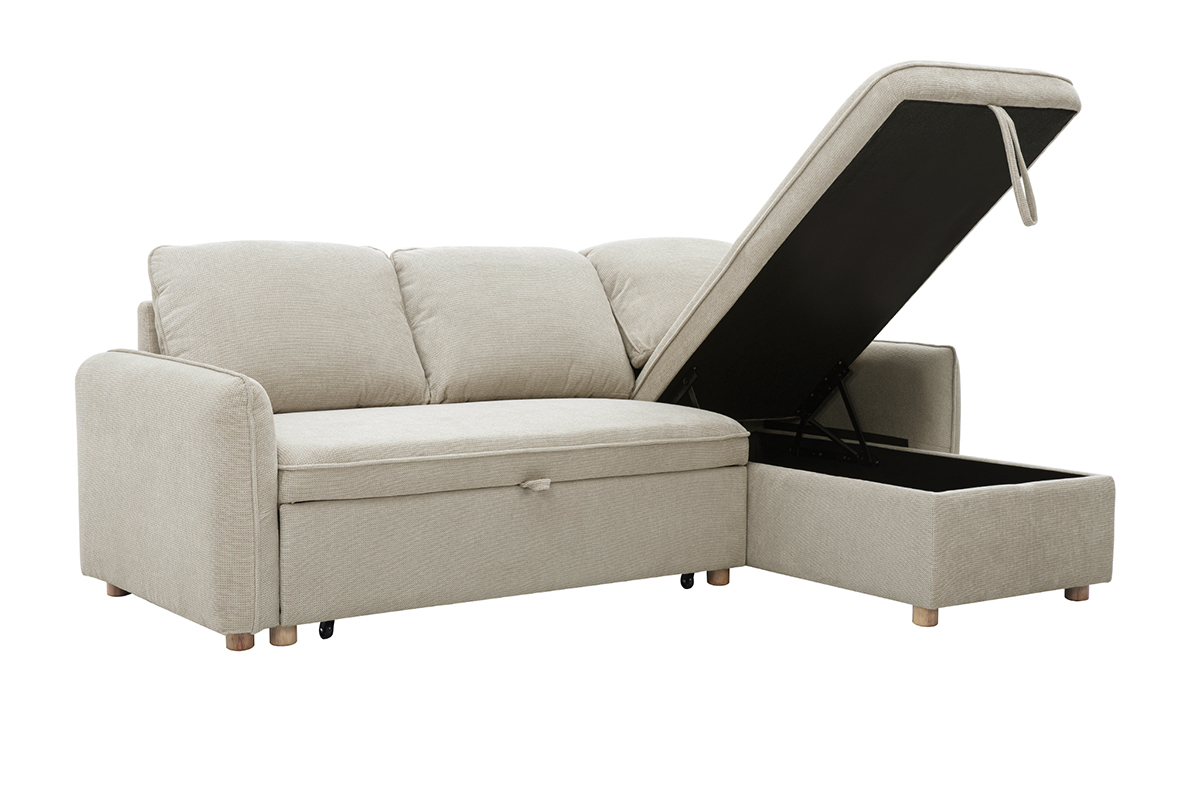 Ecksofa mit umkehrbarer Schlaffunktion und Stauraum, 3-Sitzer in strukturiertem Samt-Optik Stoff beige und hellem Holz ORSO