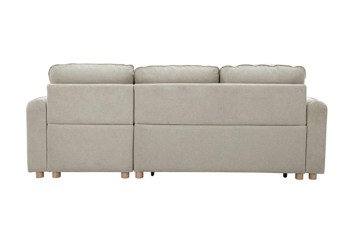 Ecksofa mit umkehrbarer Schlaffunktion und Stauraum, 3-Sitzer in strukturiertem Samt-Optik Stoff beige und hellem Holz ORSO