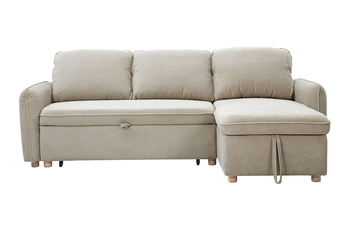 Ecksofa mit umkehrbarer Schlaffunktion und Stauraum, 3-Sitzer in strukturiertem Samt-Optik Stoff beige und hellem Holz ORSO