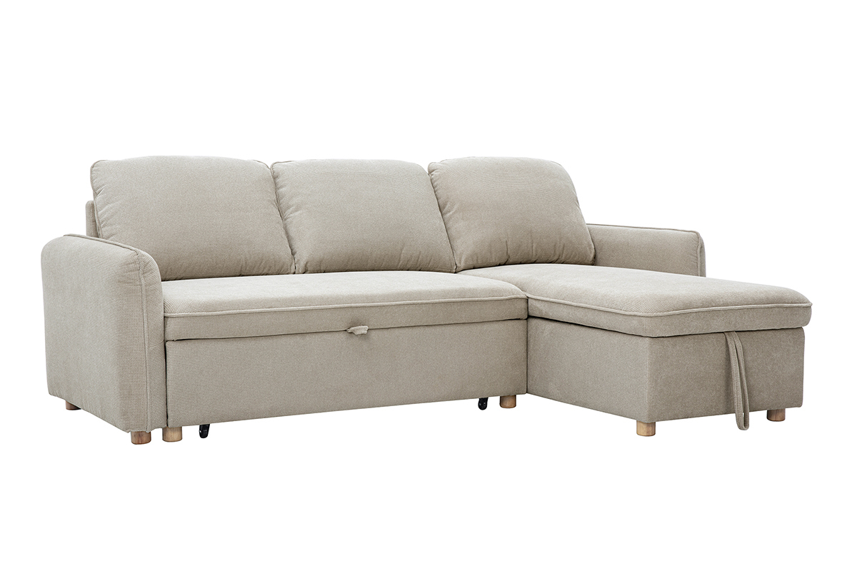 Ecksofa mit umkehrbarer Schlaffunktion und Stauraum, 3-Sitzer in strukturiertem Samt-Optik Stoff beige und hellem Holz ORSO