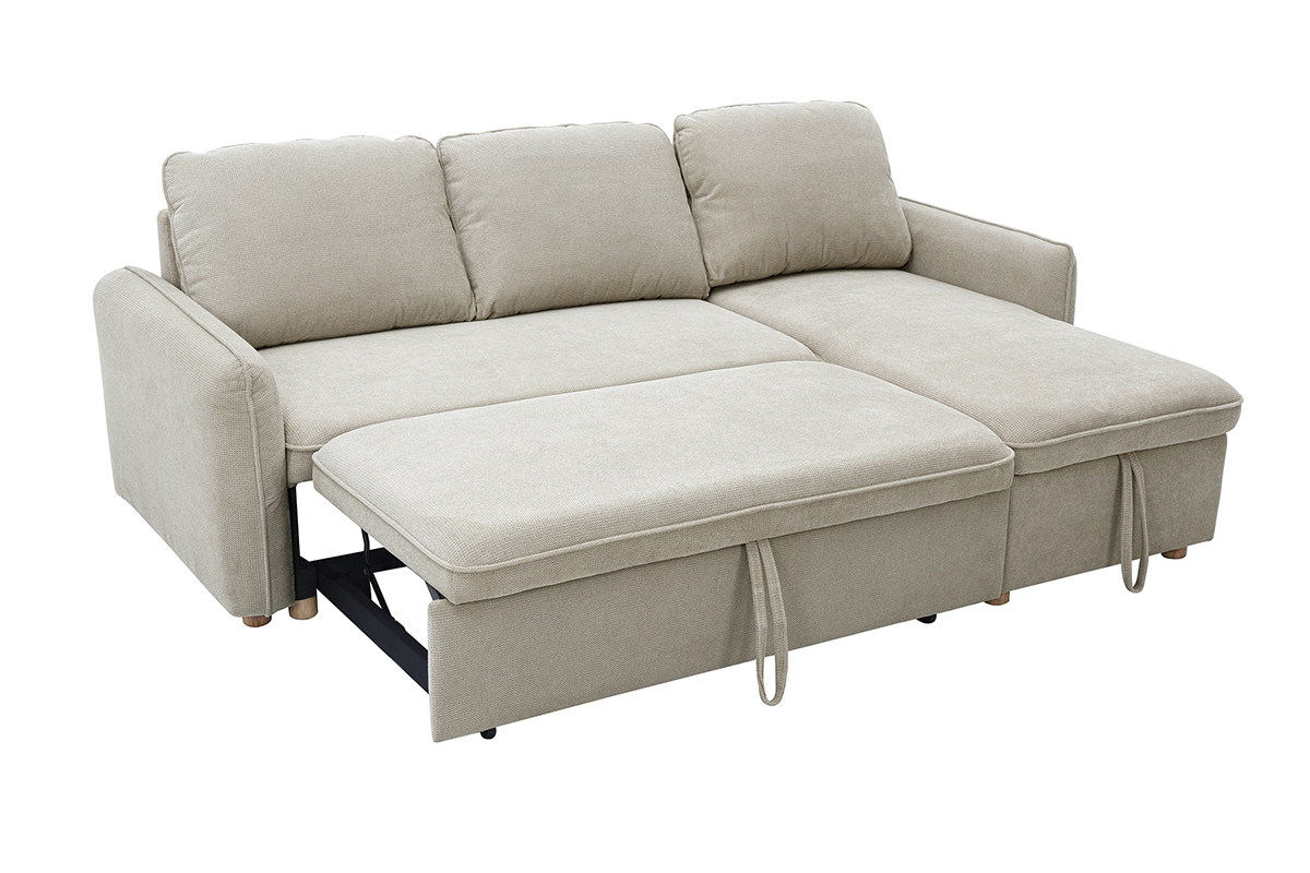 Ecksofa mit umkehrbarer Schlaffunktion und Stauraum, 3-Sitzer in strukturiertem Samt-Optik Stoff beige und hellem Holz ORSO